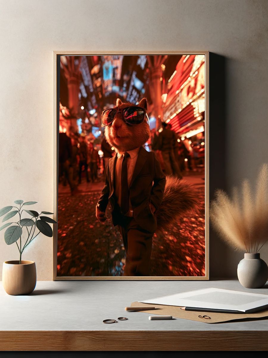 Sunglasses Squirrel Neon Street Poster. — room view 2