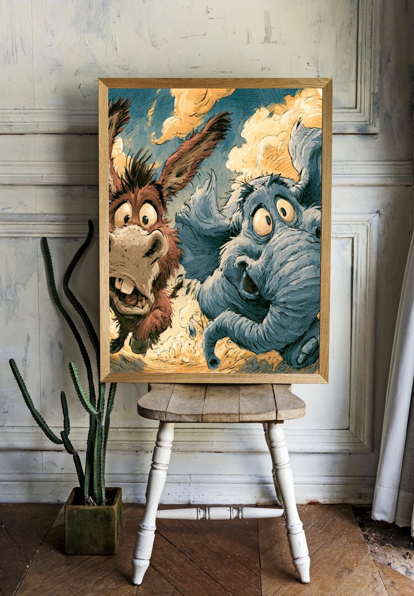Flying Donkey Duo Illustration Poster. — room view 1
