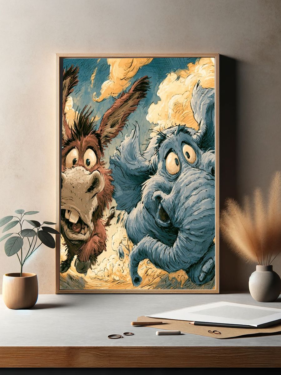 Flying Donkey Duo Illustration Poster. — room view 2