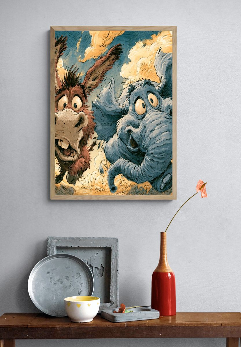 Flying Donkey Duo Illustration Poster. — room view 3