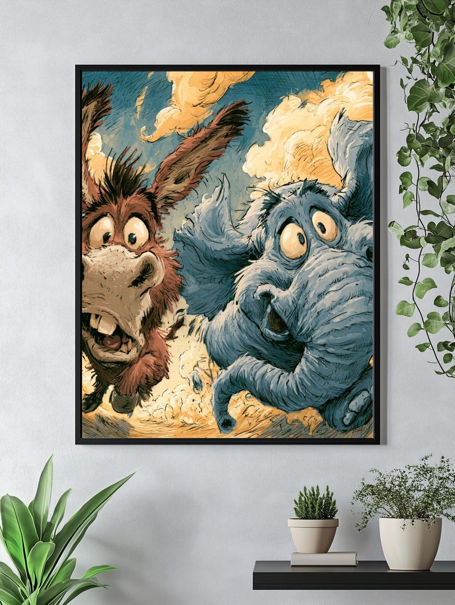 Flying Donkey Duo Illustration Poster. — room view 4