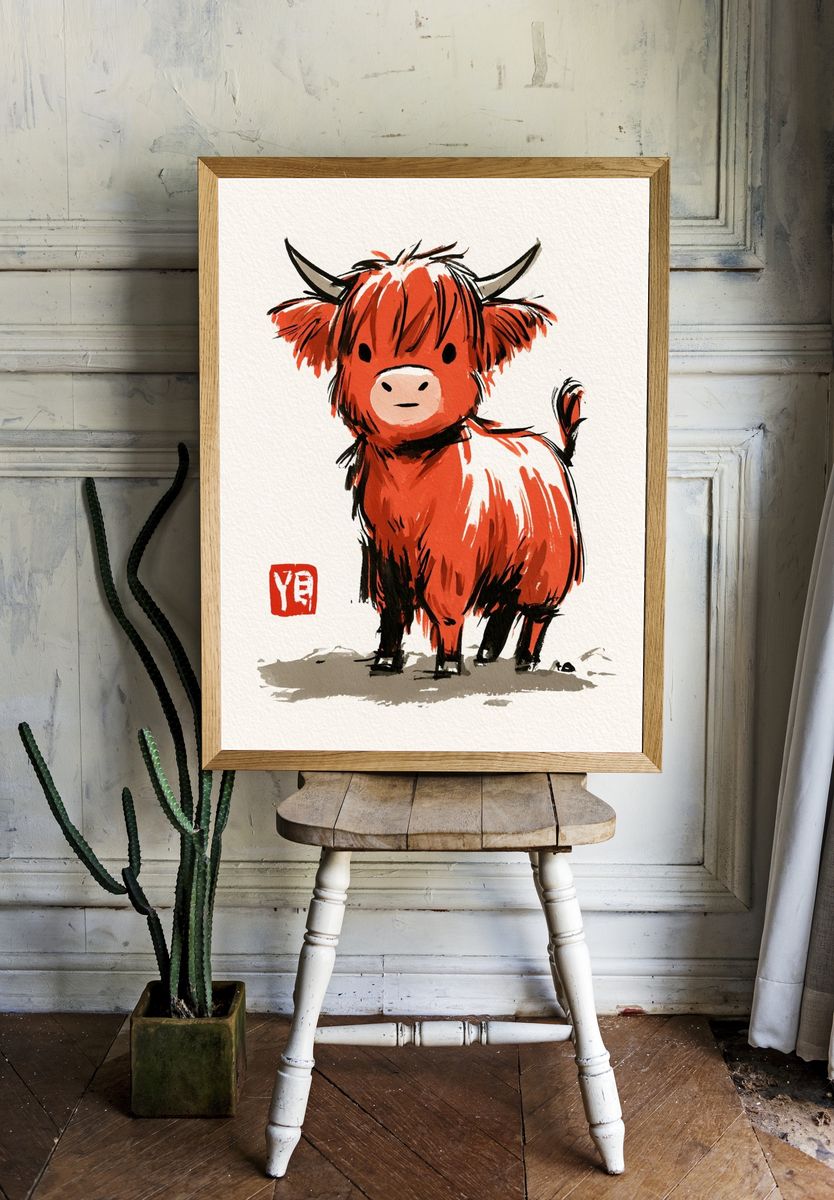 Cute Highland Cow Watercolor Poster. room preview