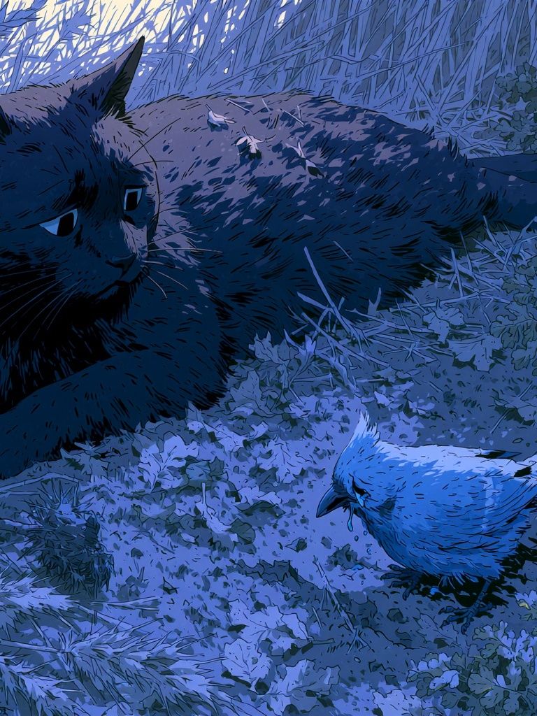 Black Cat and Bird Illustration Poster. poster detail