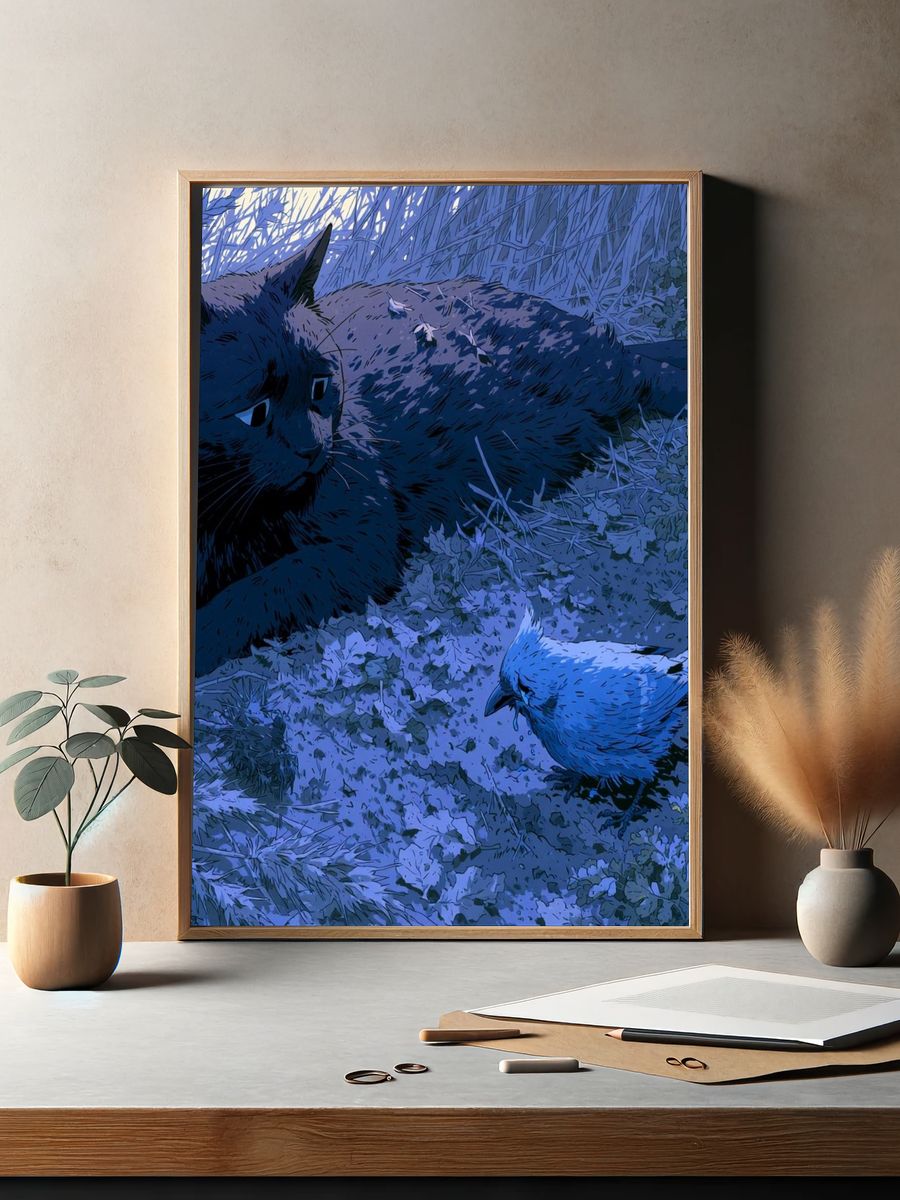 Black Cat and Bird Illustration Poster. — room view 2