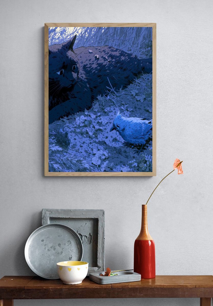 Black Cat and Bird Illustration Poster. — room view 3