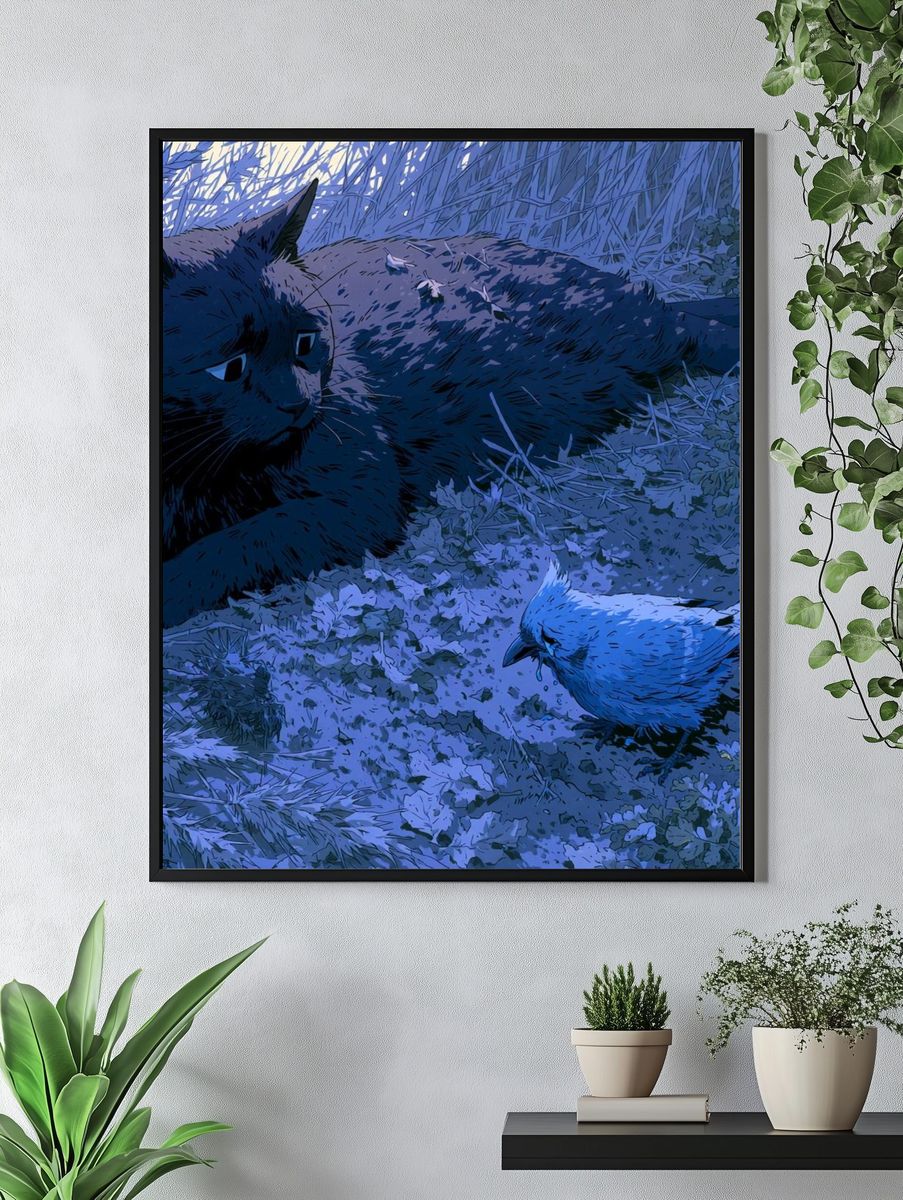 Black Cat and Bird Illustration Poster. — room view 4
