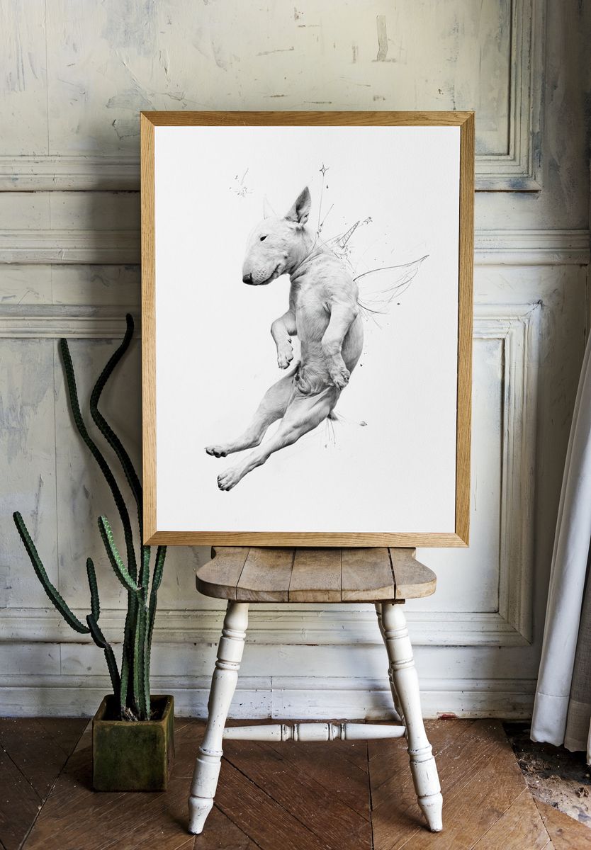 Flying Bull Terrier Illustration Poster. — room view 1