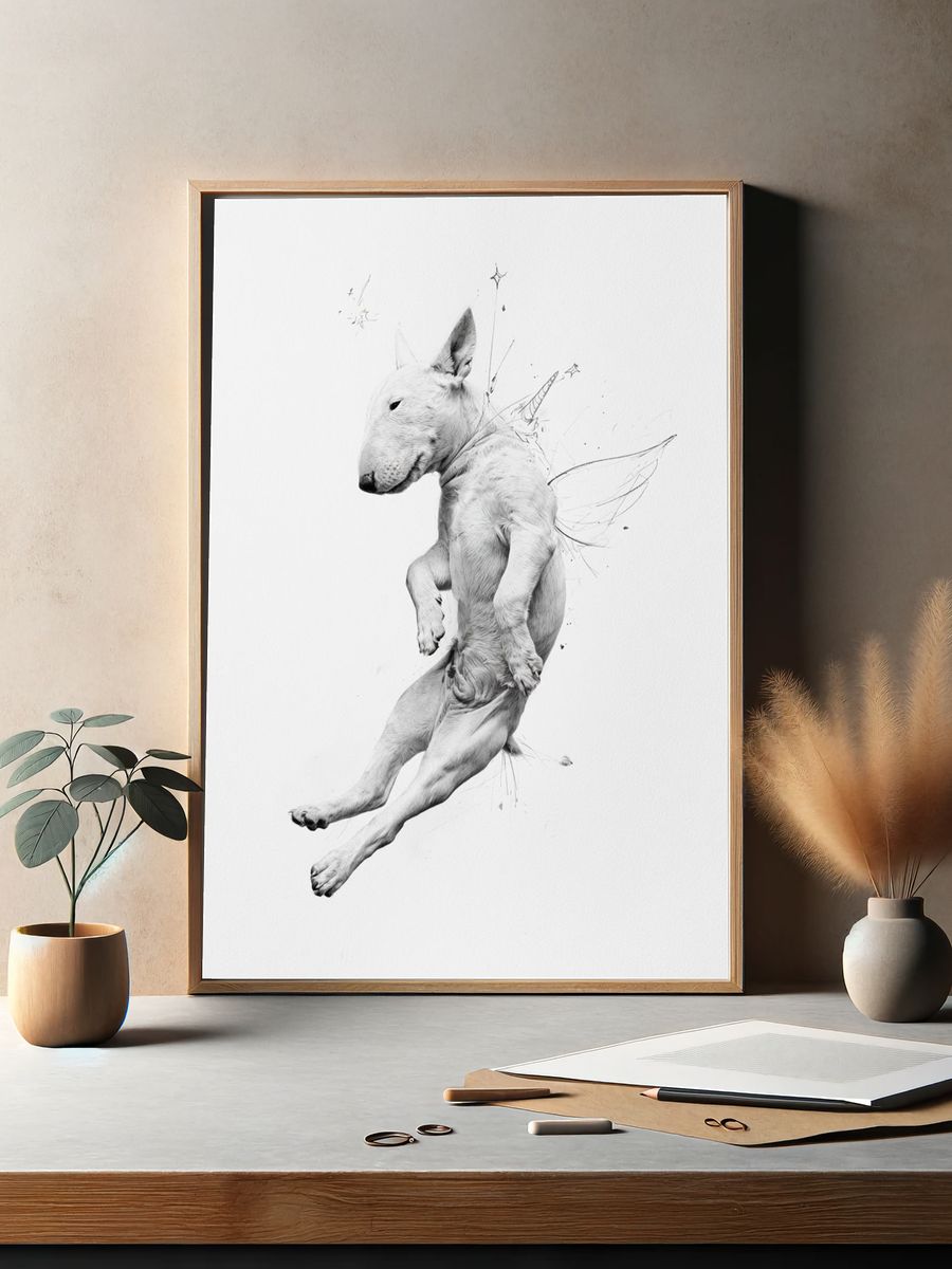 Flying Bull Terrier Illustration Poster. — room view 2
