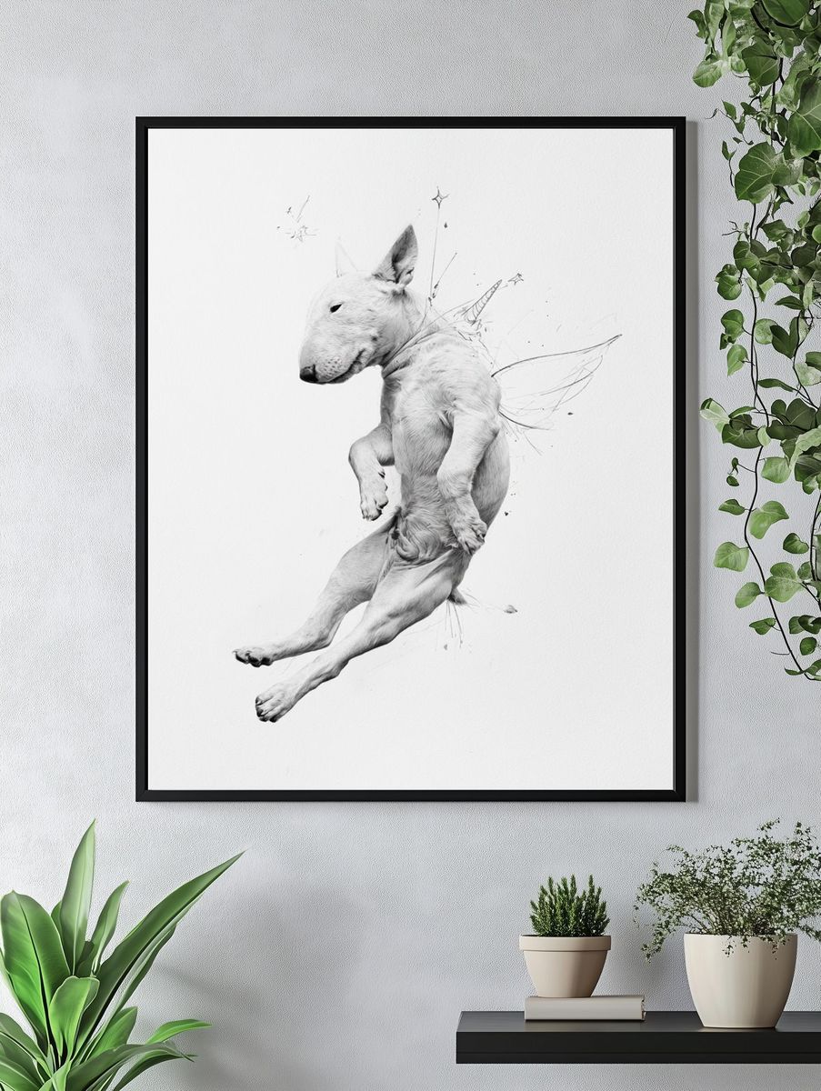 Flying Bull Terrier Illustration Poster. — room view 4