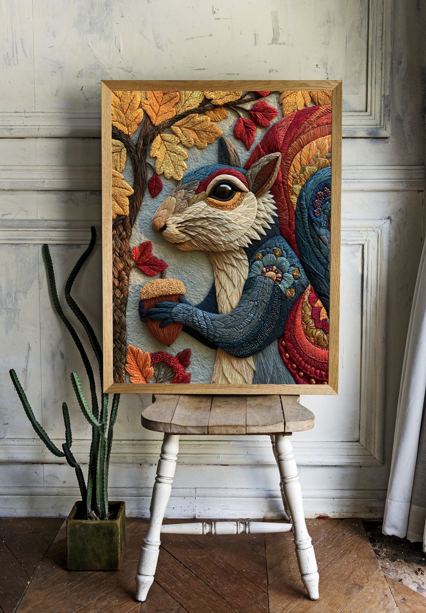 Autumn Rabbit Embroidery Print. room preview