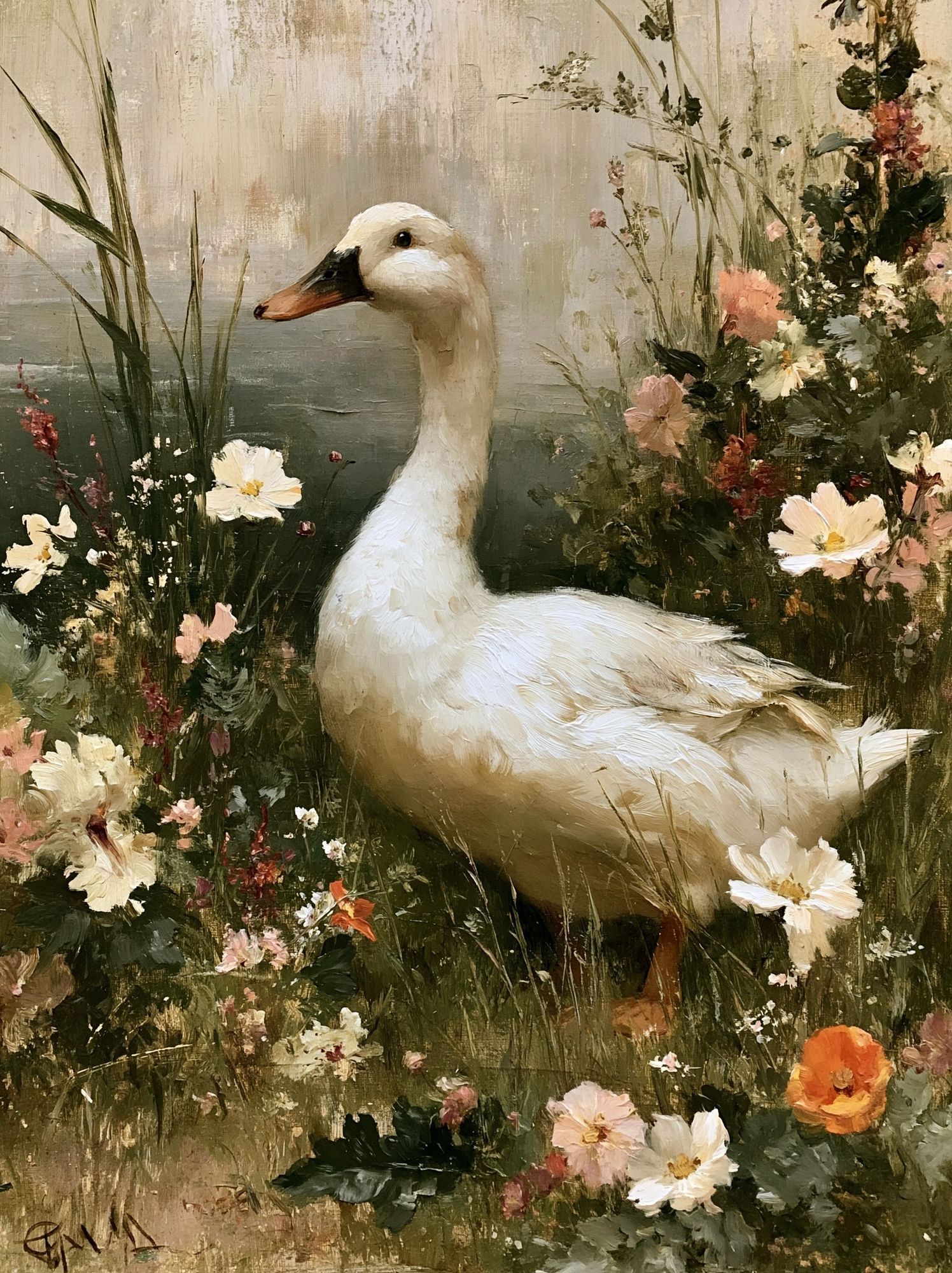 White Goose in Wildflowers Print. poster detail