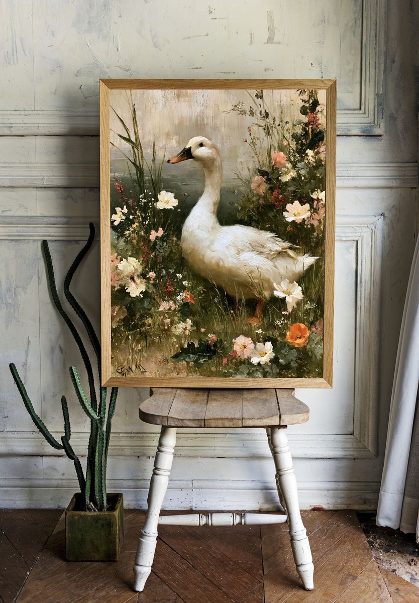 White Goose in Wildflowers Print. room preview