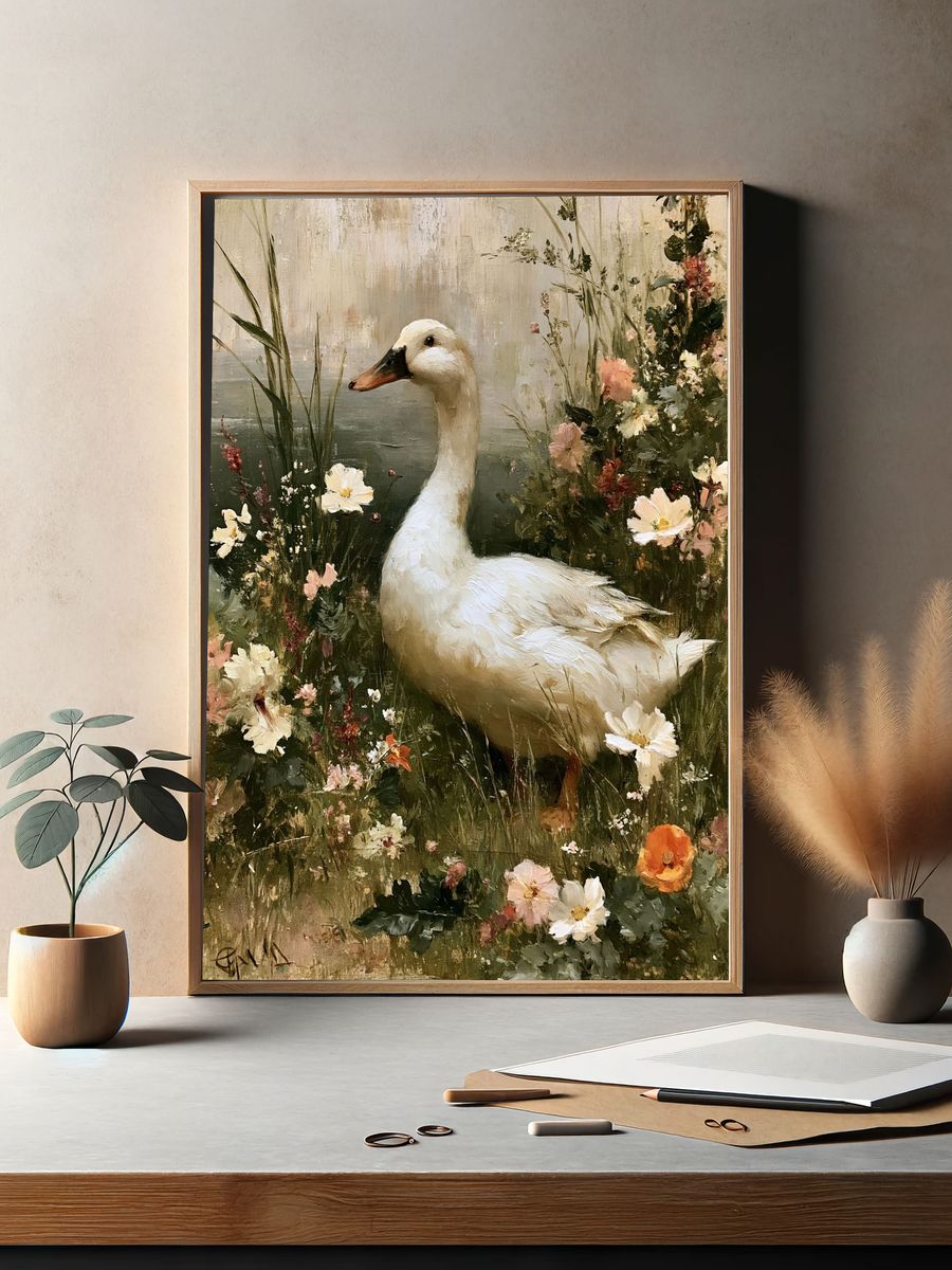White Goose in Wildflowers Print. — room view 2