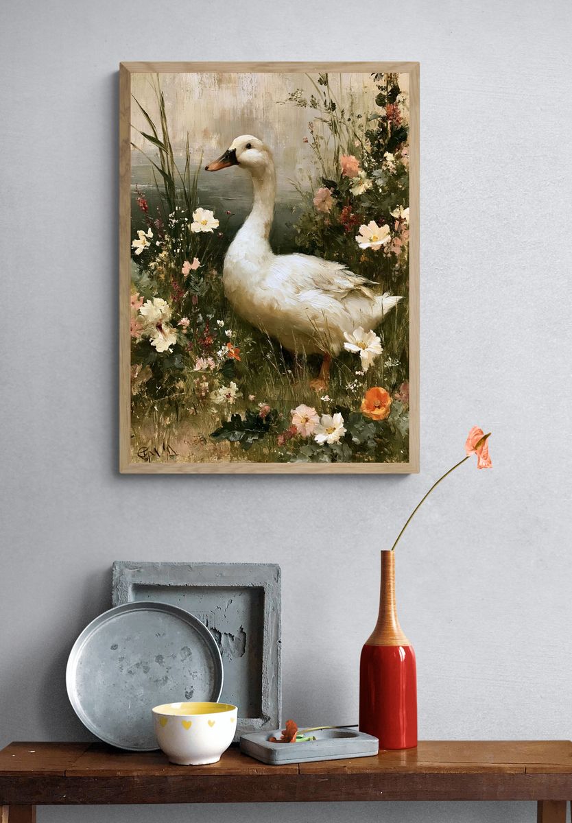 White Goose in Wildflowers Print. — room view 3