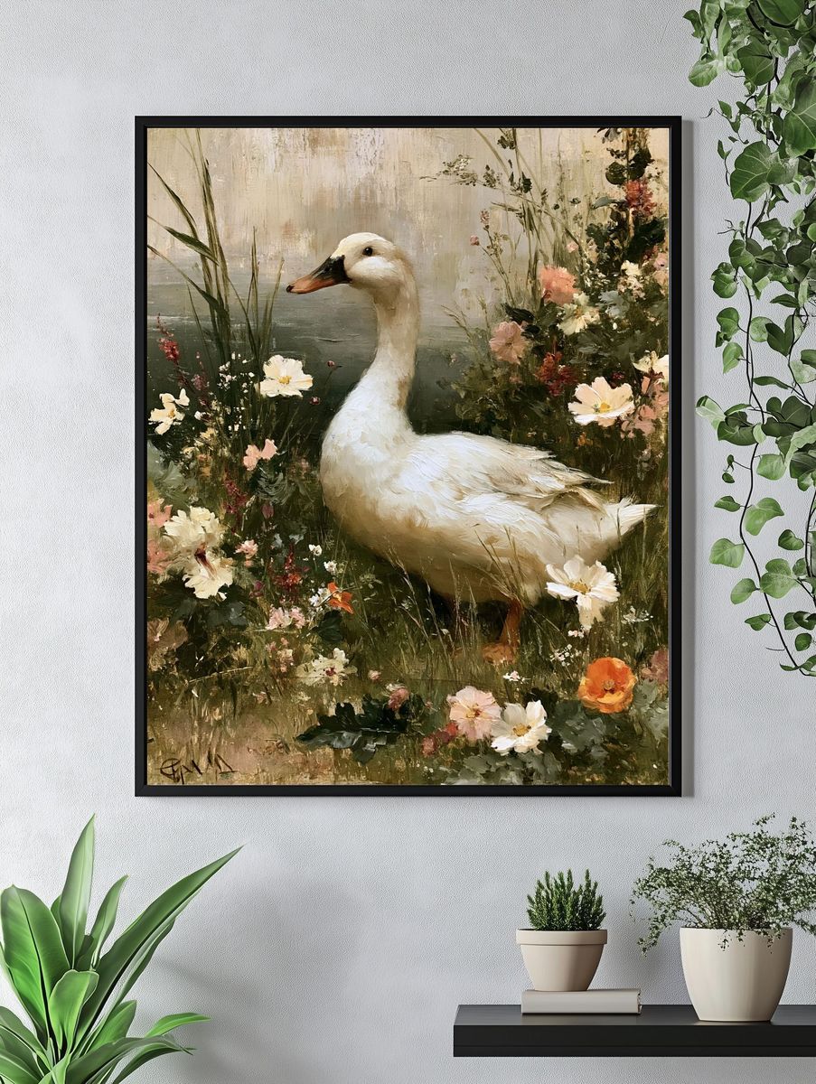 White Goose in Wildflowers Print. — room view 4