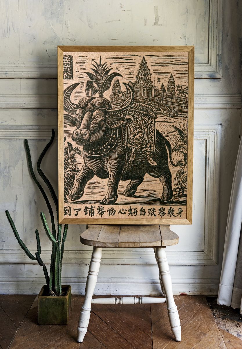 Temple Ox Linocut Print. room preview