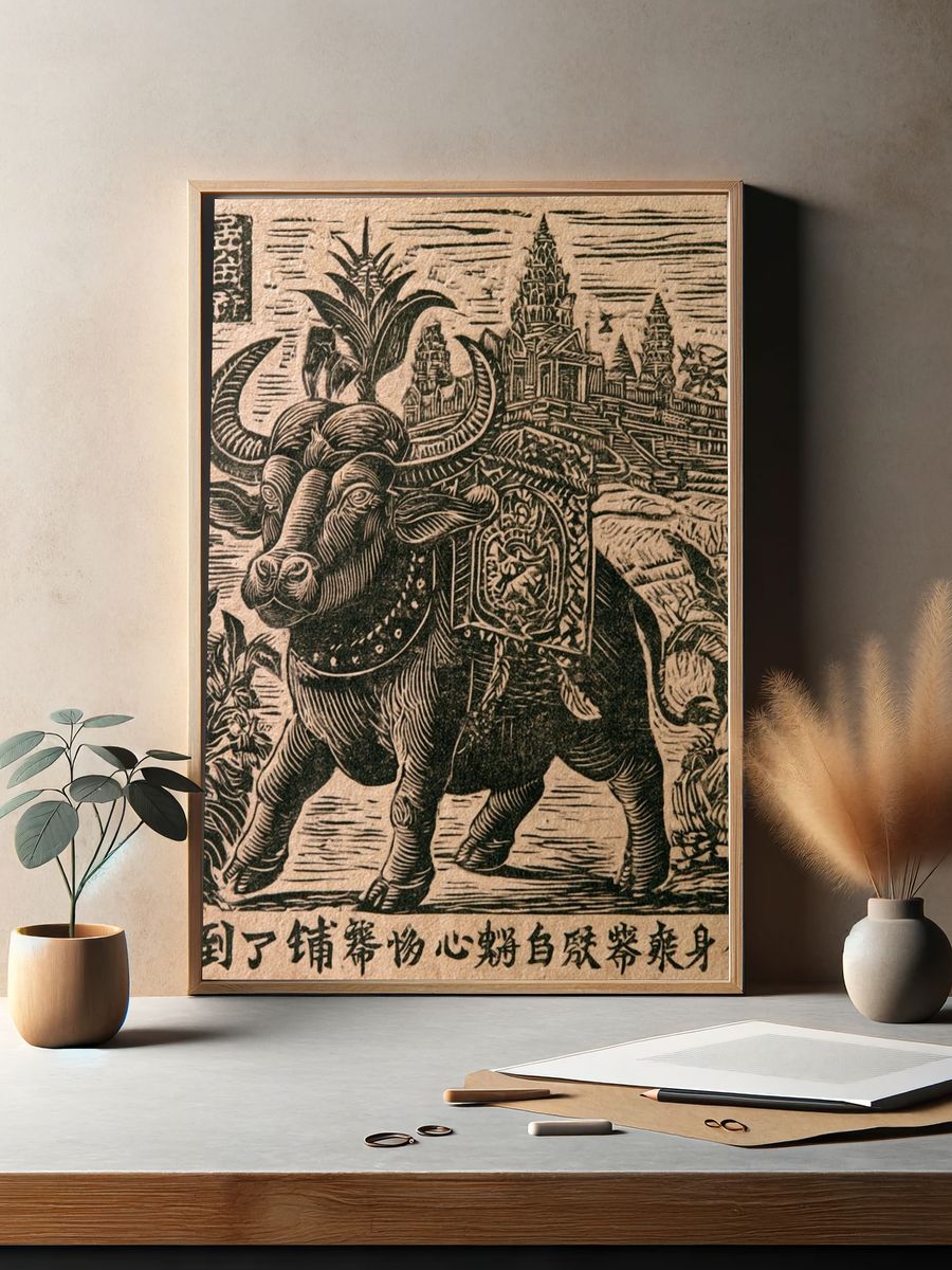 Temple Ox Linocut Print. — room view 2