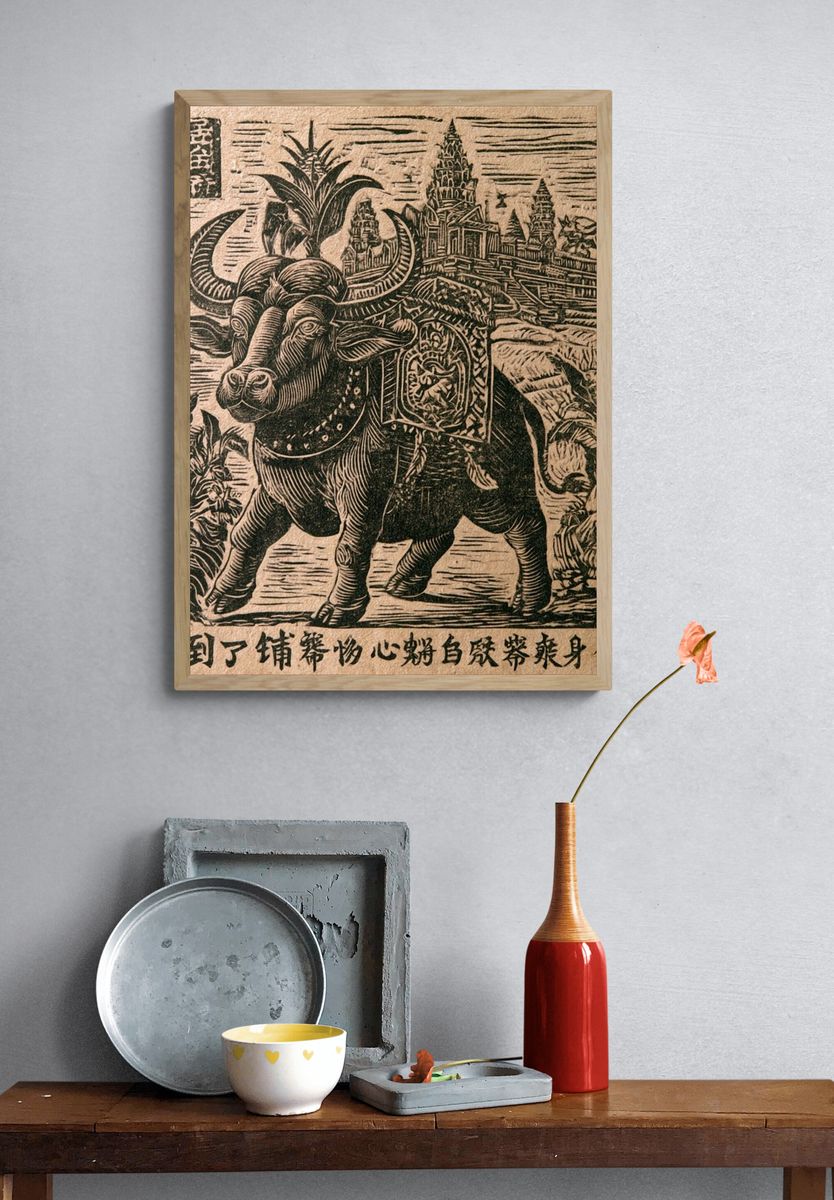 Temple Ox Linocut Print. — room view 3