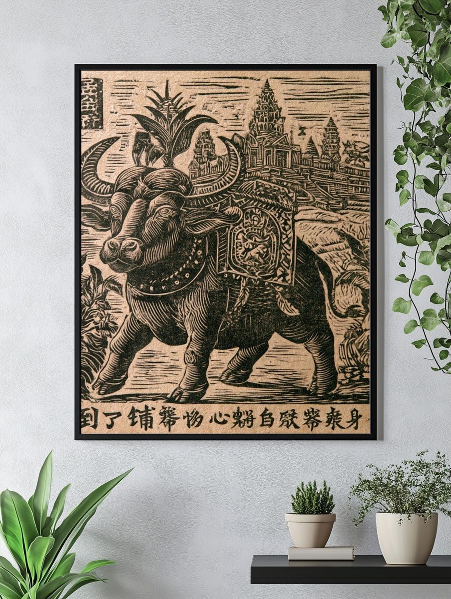Temple Ox Linocut Print. — room view 4