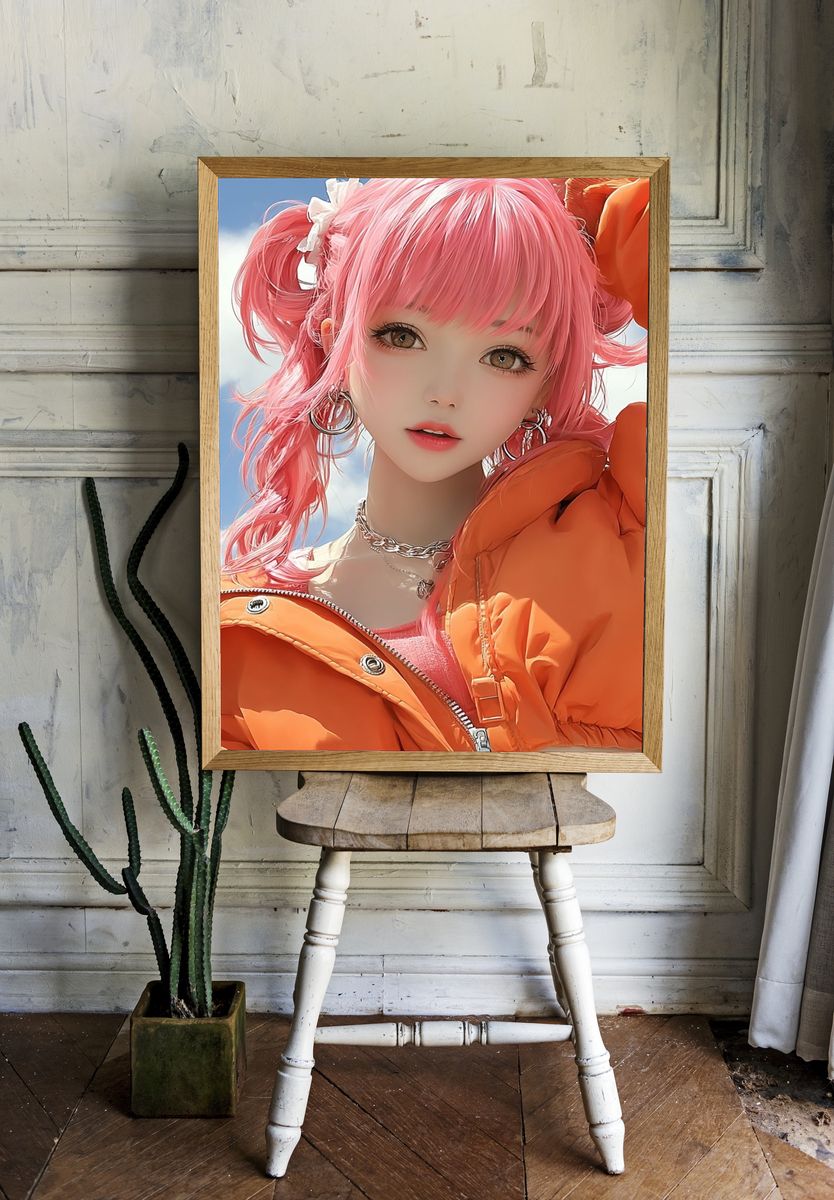 Pink-Haired Anime Portrait Print. — room view 1