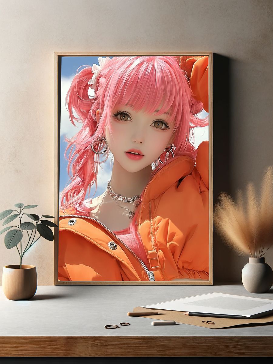 Pink-Haired Anime Portrait Print. — room view 2