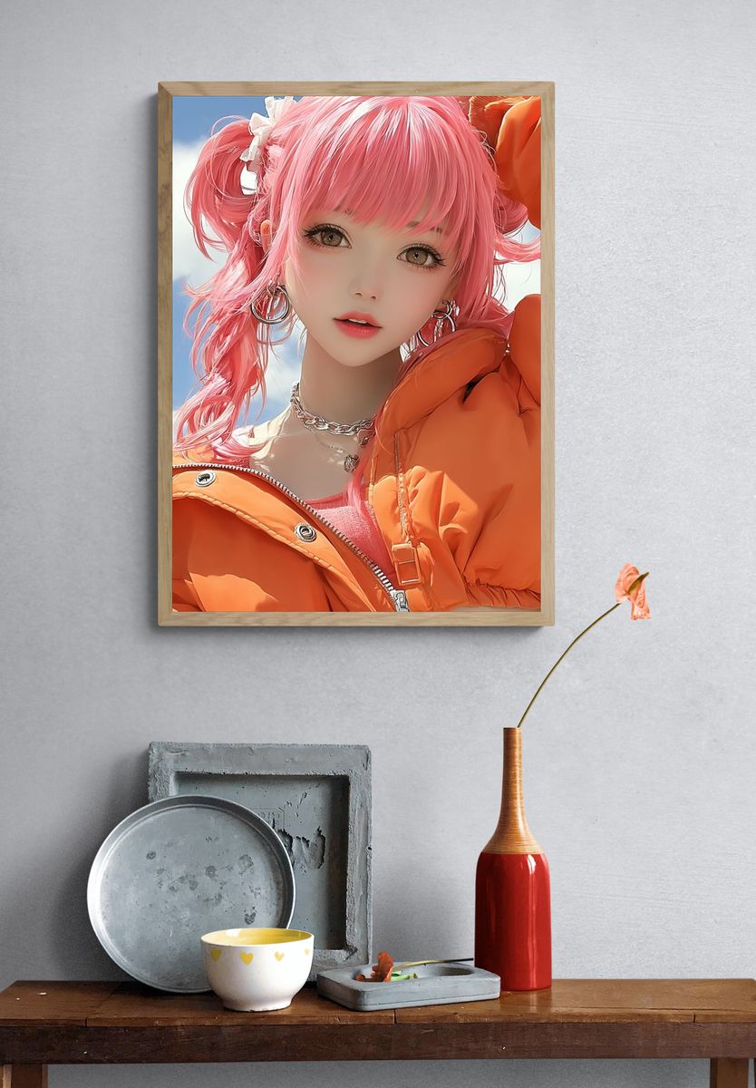 Pink-Haired Anime Portrait Print. — room view 3