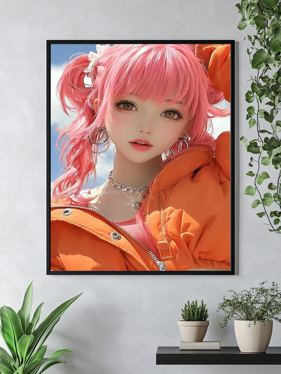 Pink-Haired Anime Portrait Print. — room view 4