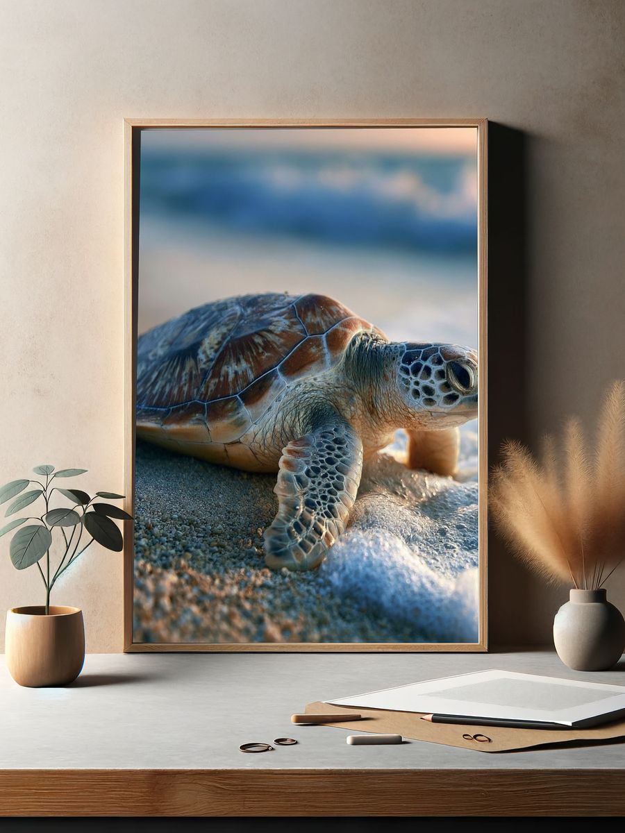 Sea Turtle Shoreline Photography Poster. — room view 2