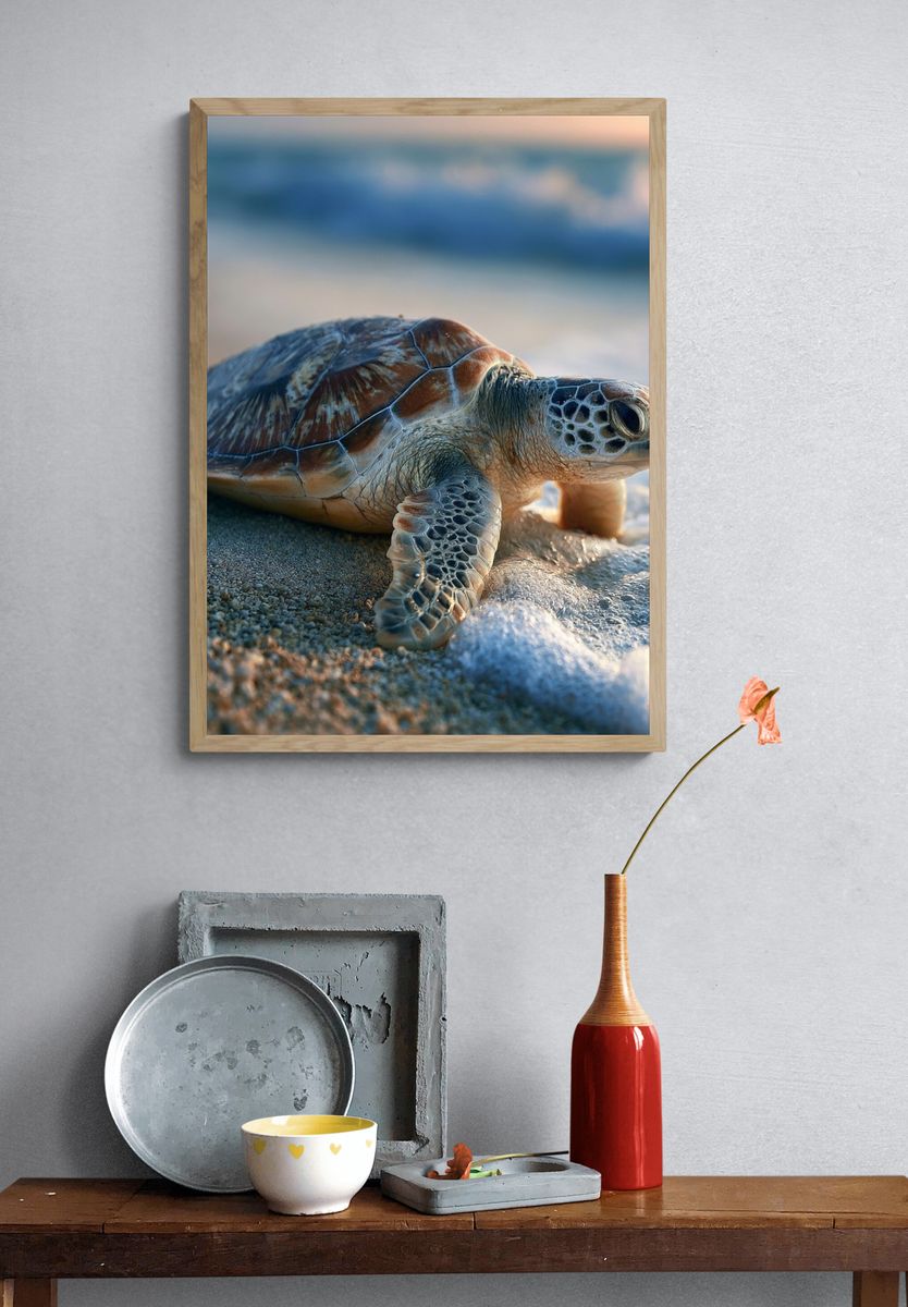 Sea Turtle Shoreline Photography Poster. — room view 3