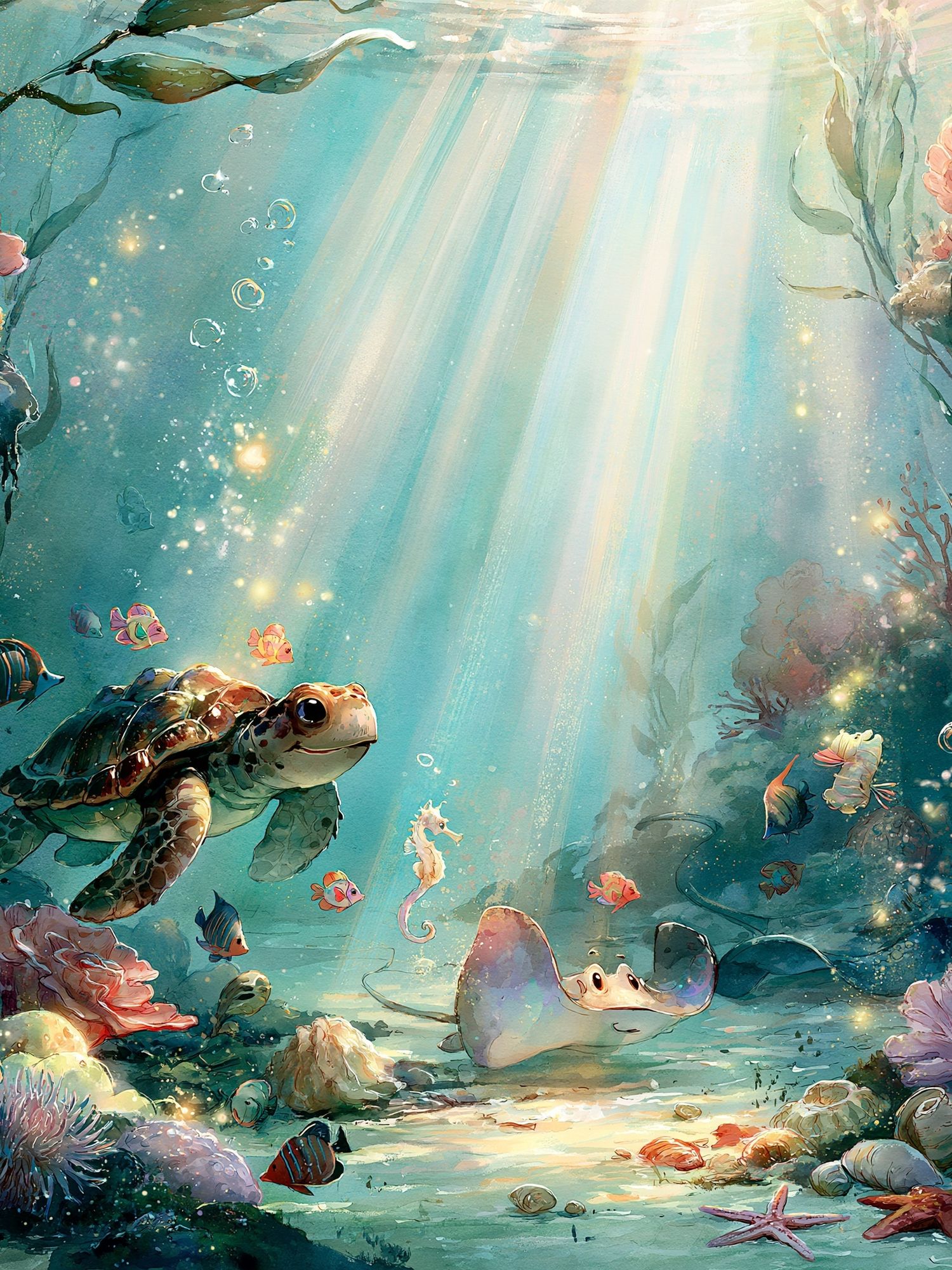 Underwater Turtle Garden Print. poster — animals art