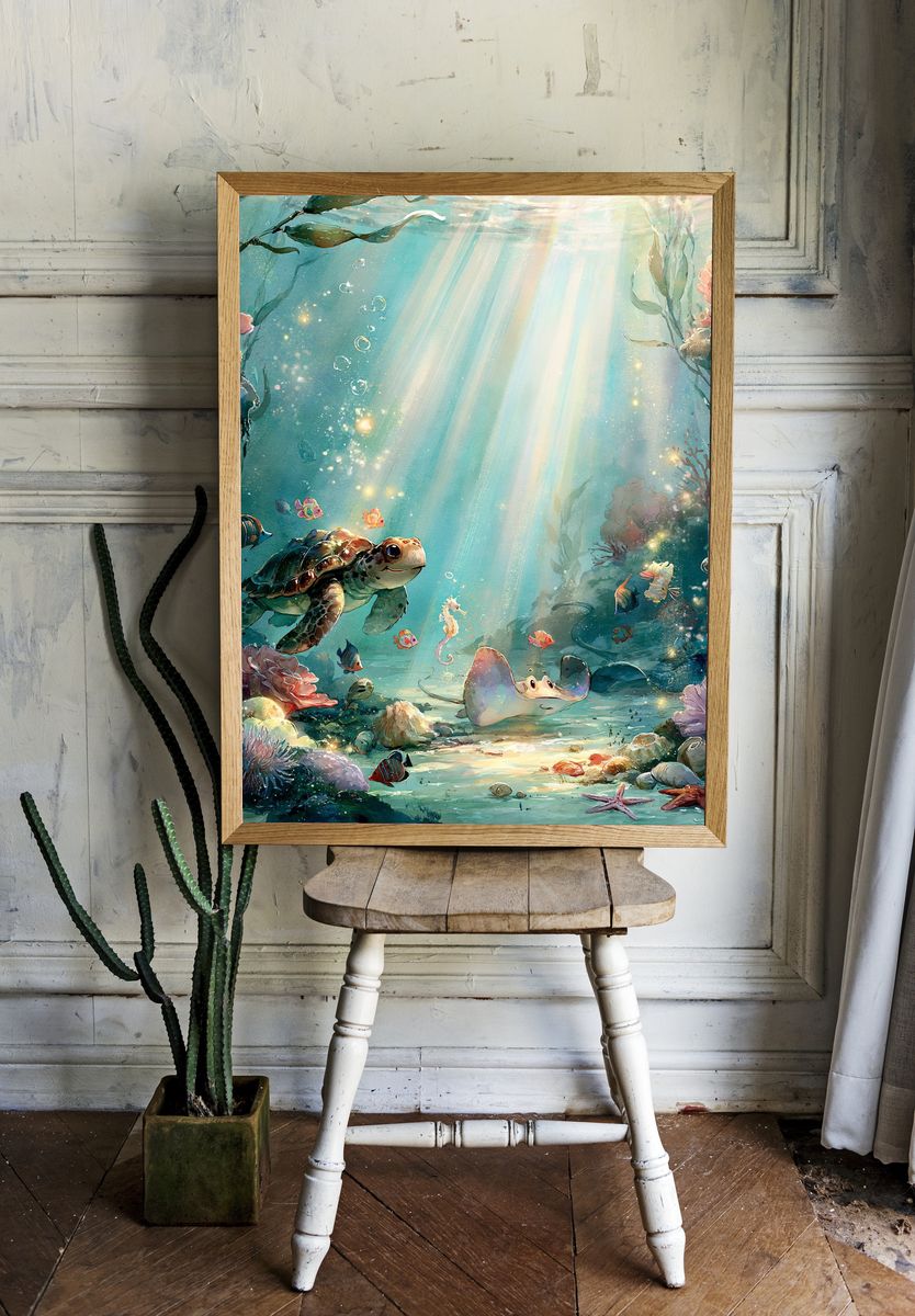 Underwater Turtle Garden Print. room preview