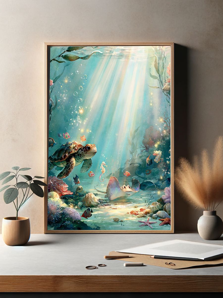 Underwater Turtle Garden Print. — room view 2