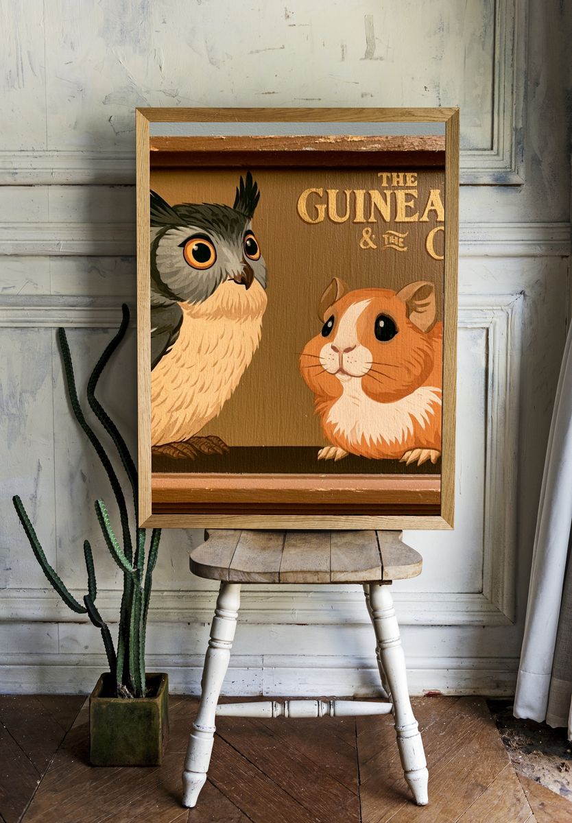 Guinea Pig and Owl Illustration Poster. room preview