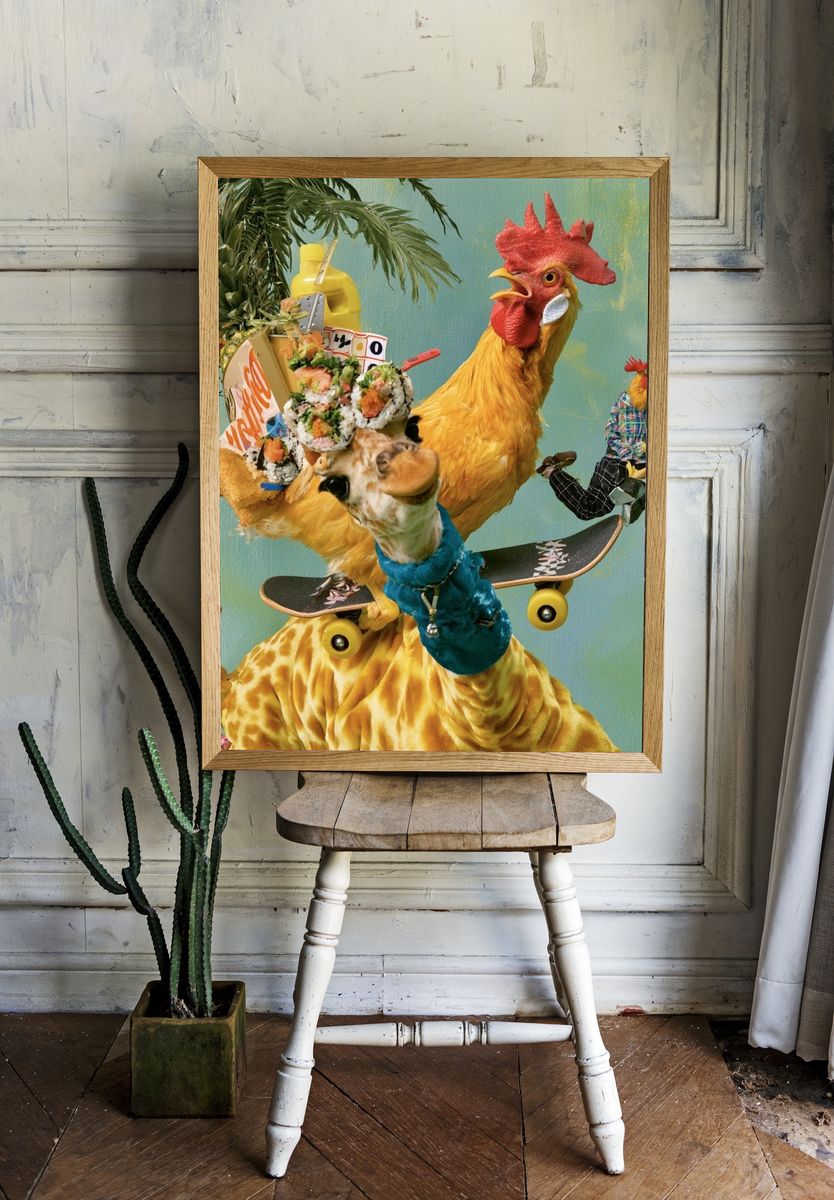 Surreal Chicken Skateboard Print. room preview