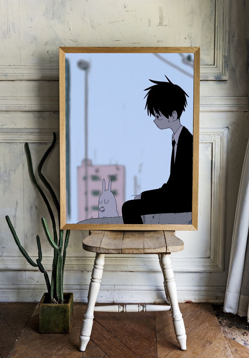 Anime Boy and Rabbit Cityscape Print. room preview