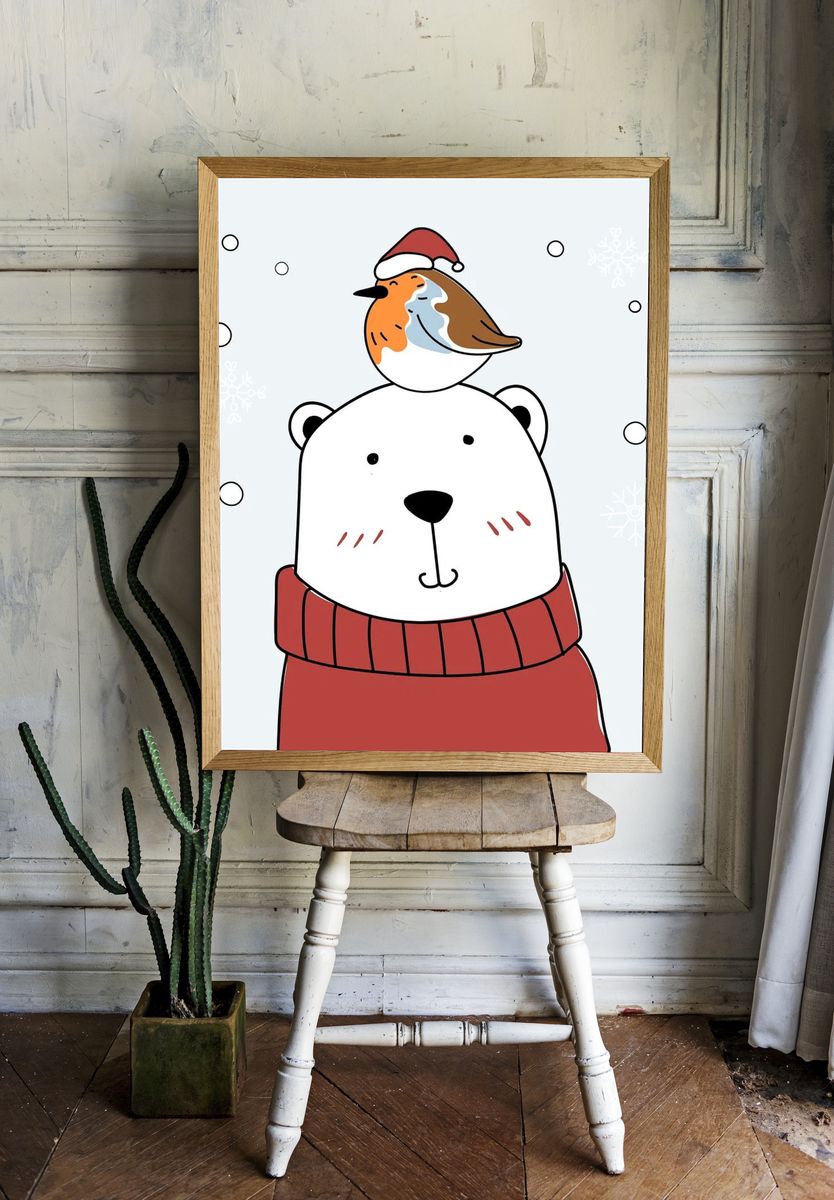 Hand drawn bear bird enjoying. room preview