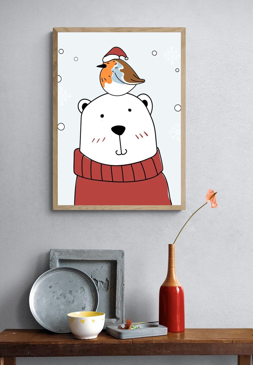 Hand drawn bear bird enjoying. — room view 3