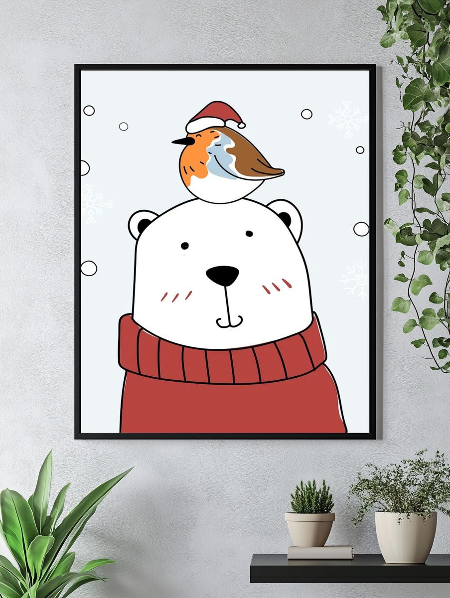 Hand drawn bear bird enjoying. — room view 4