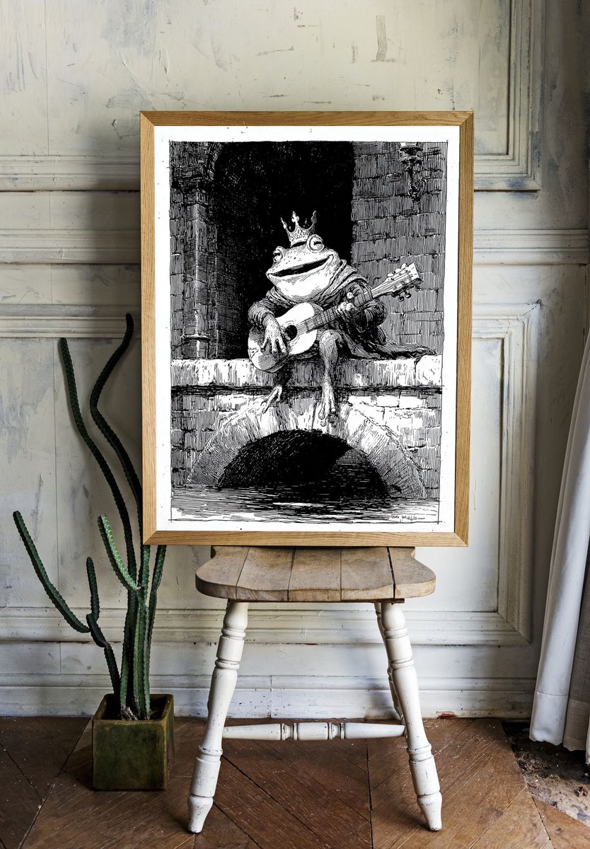 Crowned Frog Guitarist Print. — room view 1