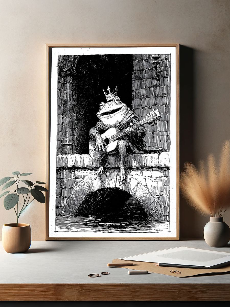 Crowned Frog Guitarist Print. — room view 2