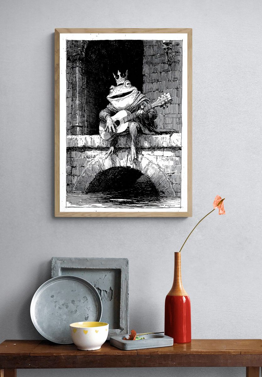 Crowned Frog Guitarist Print. — room view 3