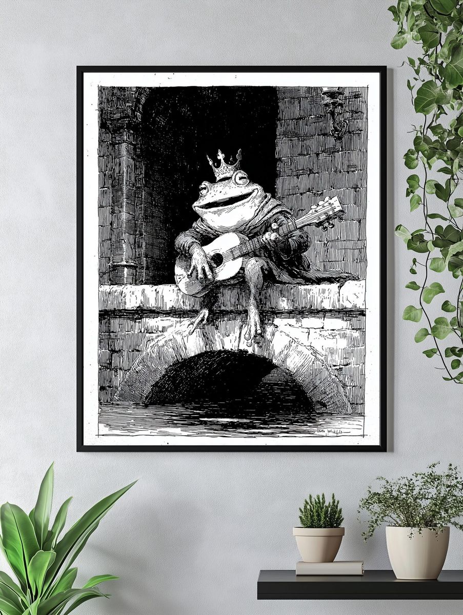 Crowned Frog Guitarist Print. — room view 4
