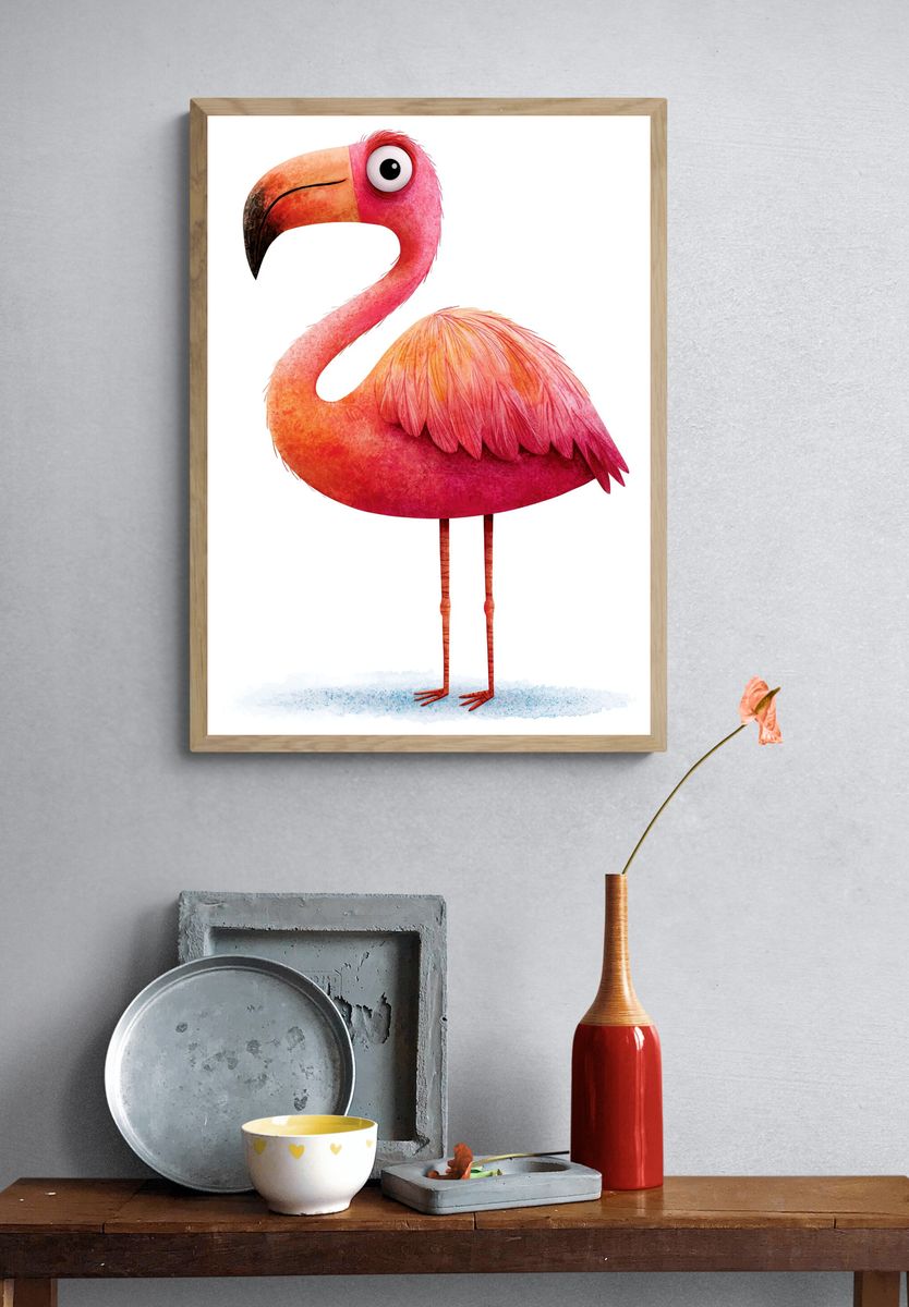 Pink Flamingo Watercolor Print. — room view 3