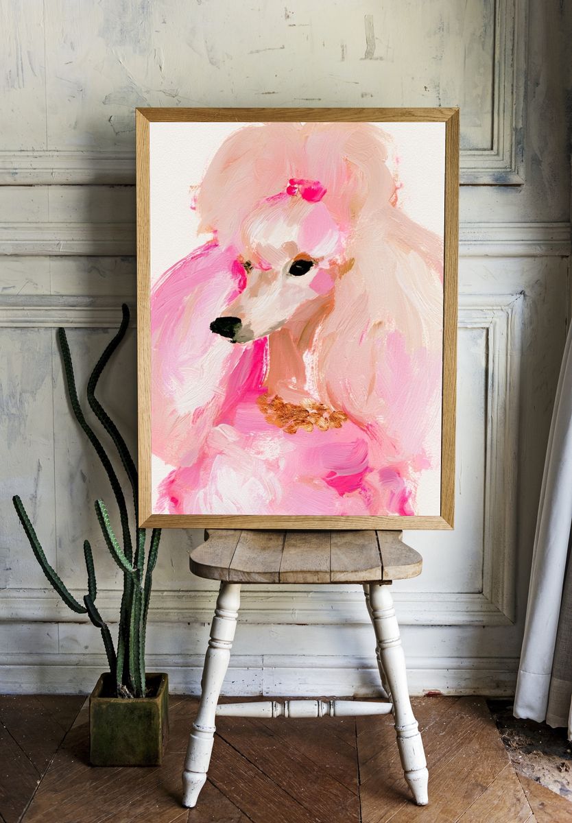 Pink Poodle Portrait Print. room preview