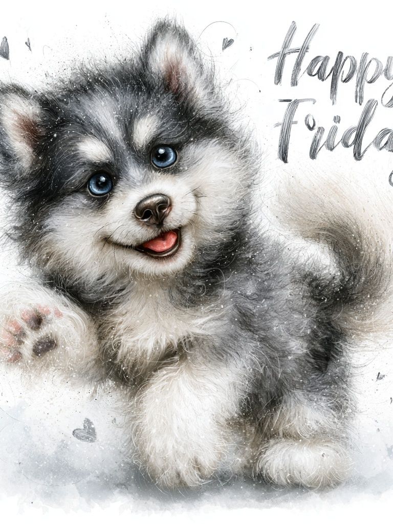 Happy Friday Husky Puppy Print. poster detail