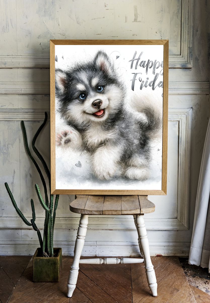 Happy Friday Husky Puppy Print. room preview
