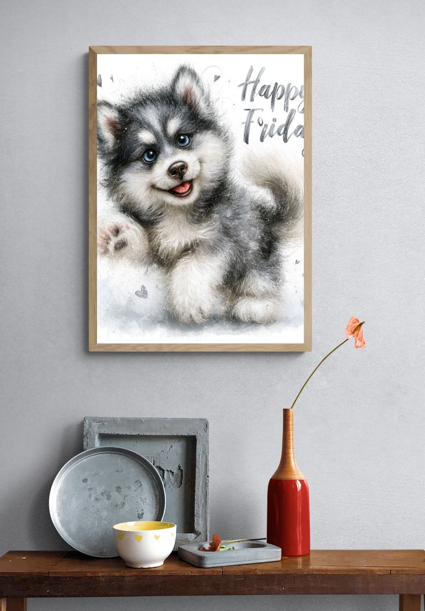 Happy Friday Husky Puppy Print. — room view 3