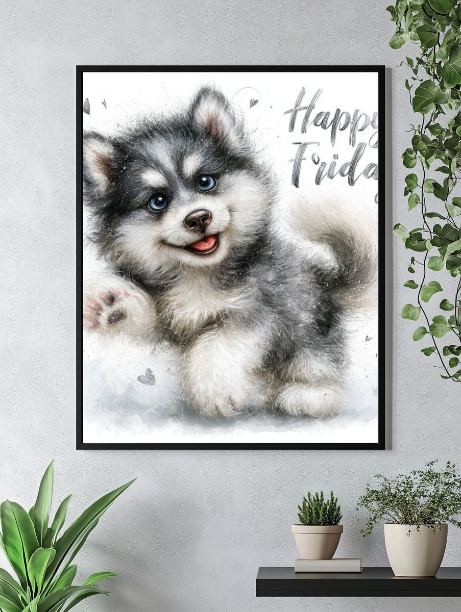Happy Friday Husky Puppy Print. — room view 4