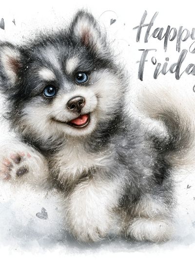 Happy Friday Husky Puppy Print. poster