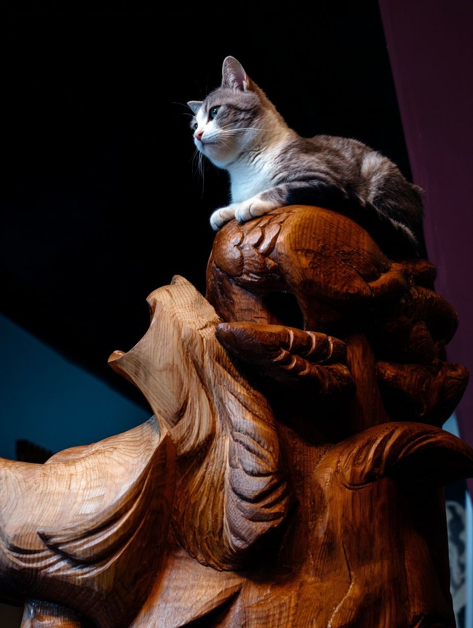 Cat on Carved Wood Photography Poster. poster — animals art
